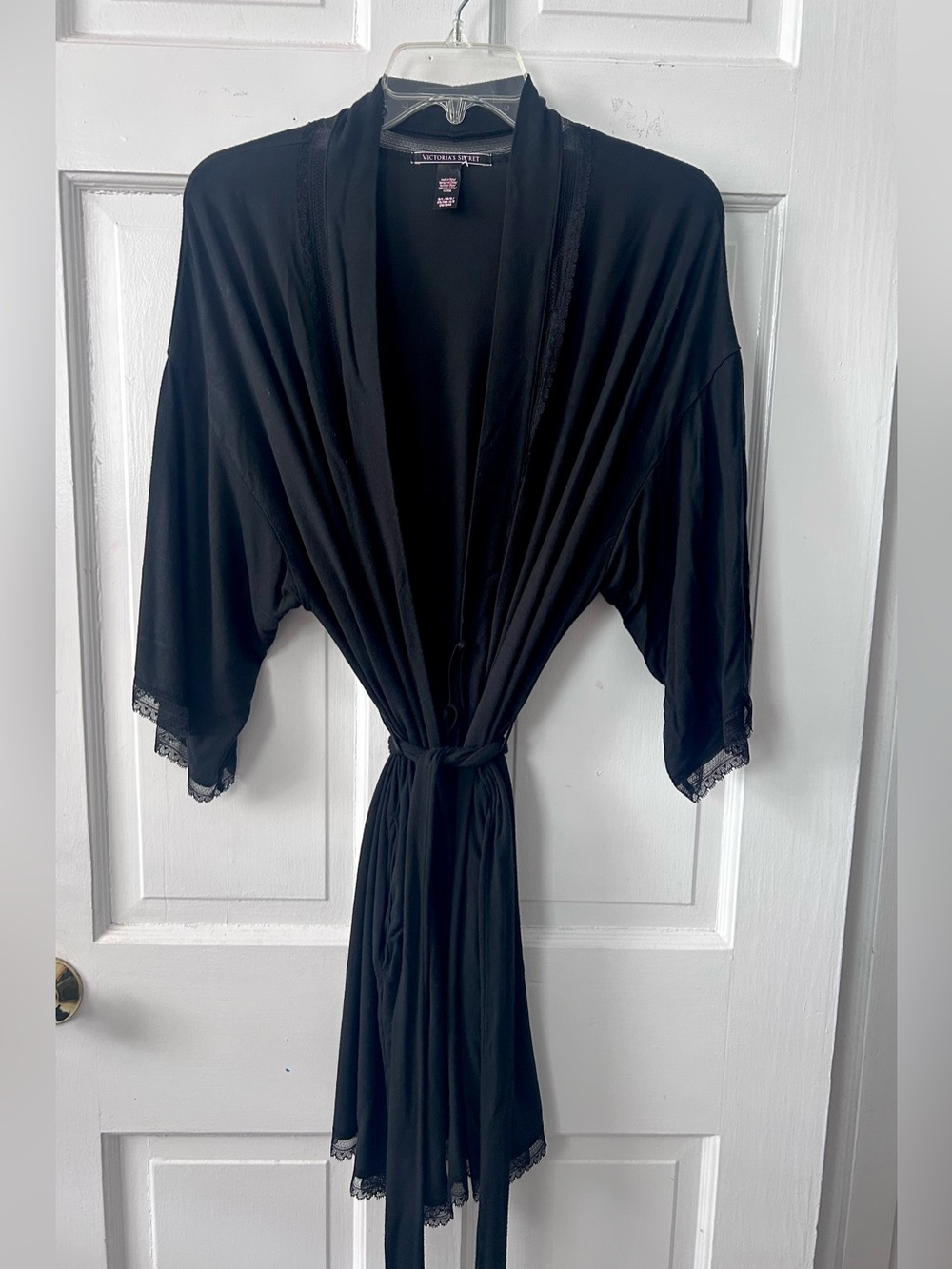 Victoria's Secret Heavenly Black Lace Trim Modal Wrap Robe Sz M/L